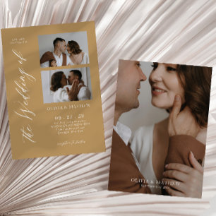 Champagne Gold Classy Script Photo Collage Wedding Invitation
