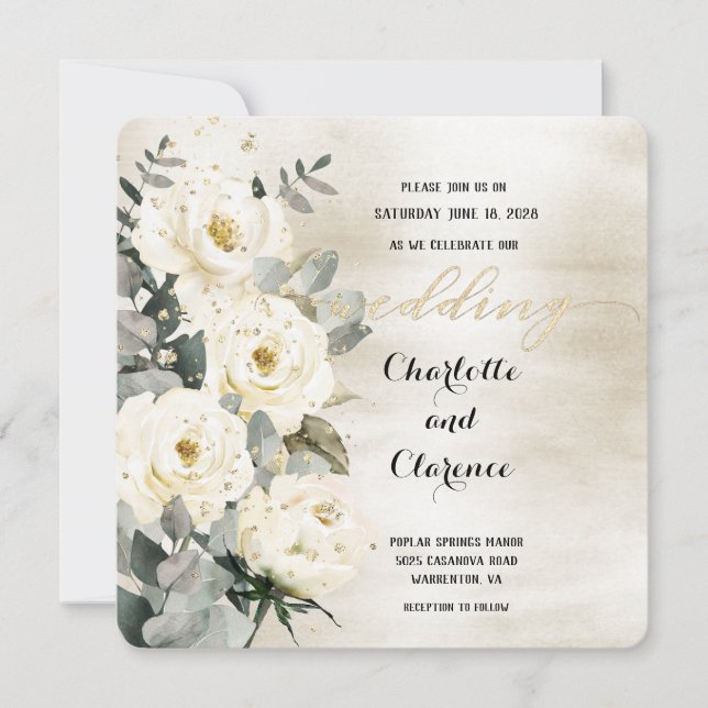 Champagne Gold Desdemona Roses Eucalyptus Wedding  Invitation (Front)