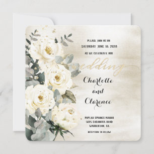 Champagne Gold Desdemona Roses Eucalyptus Wedding  Invitation