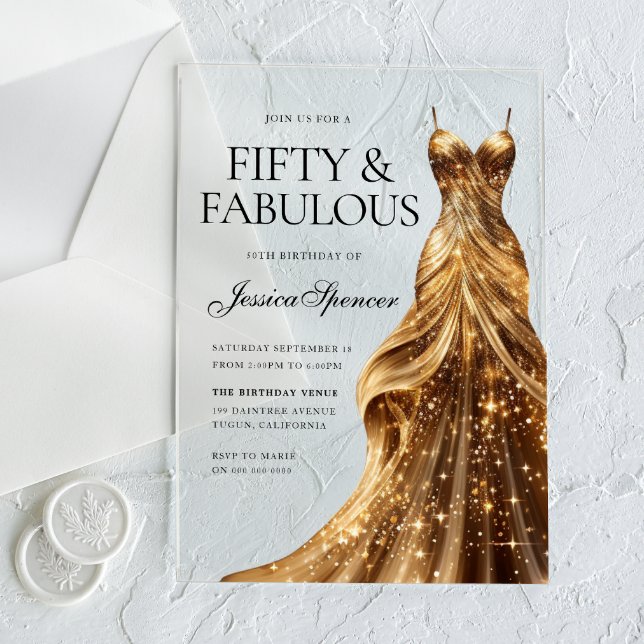 Champagne Gold Dress Fabulous Fifty 50th Birthday Acrylic Invitations (Creator Uploaded)