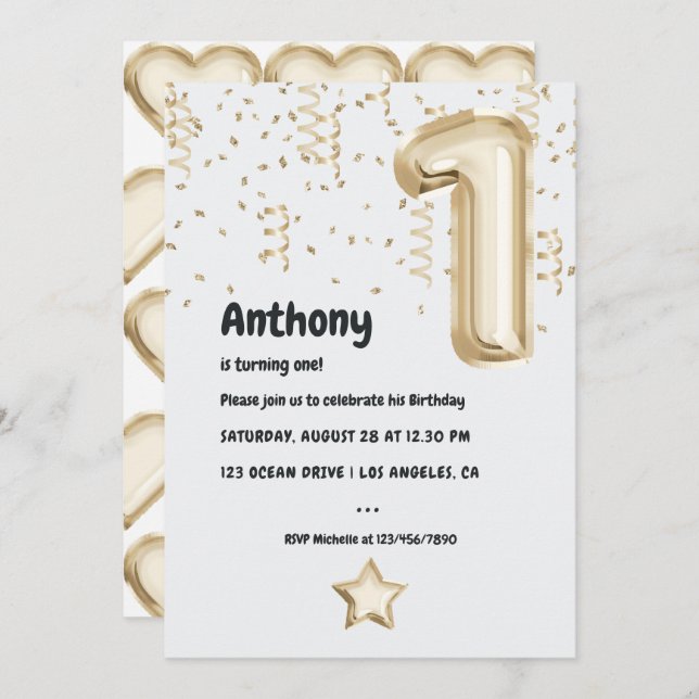 Champagne Gold Faux Foil Balloon 1st Birthday Invitation (Front/Back)