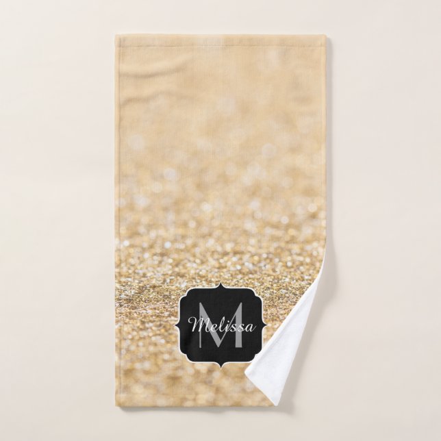 Champagne gold faux glitter sparkles Monogram Bath Towel Set (Hand Towel)