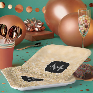Champagne gold faux glitter sparkles Monogram Paper Plate