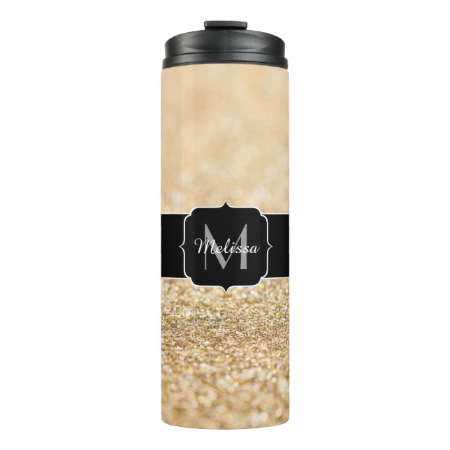 Champagne gold faux glitter sparkles Monogram Thermal Tumbler (Front)
