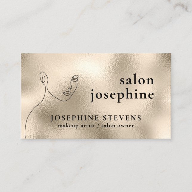 Champagne Gold Foil Line Art Logo Salon Name Business Card (Front)