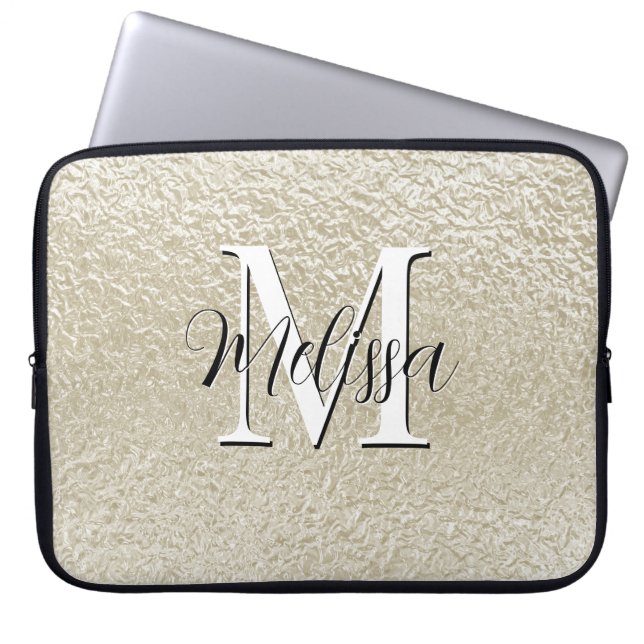 Champagne Gold Foil Modern Monogram Laptop Sleeve (Front)