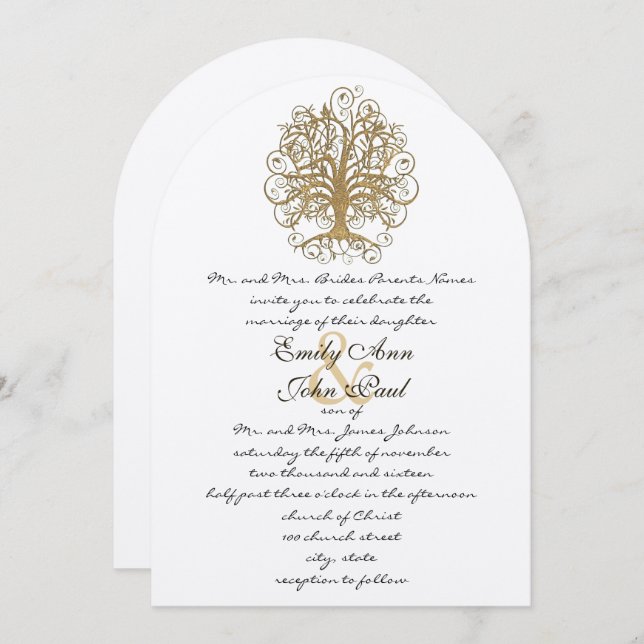 Champagne Gold Forest Rustic Luxe Tree Wedding Invitation (Front/Back)