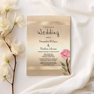 Champagne Gold Glamour Pink Floral Wedding  Invitation