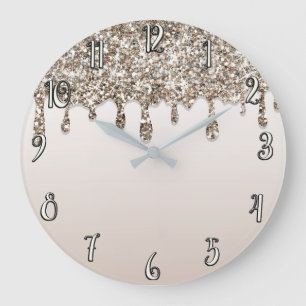 Champagne Gold Glitter Drip Girly Chic Modern Glam Large Clock