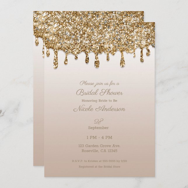 Champagne Gold Glitter Drip Glam Bridal Shower Invitation (Front/Back)