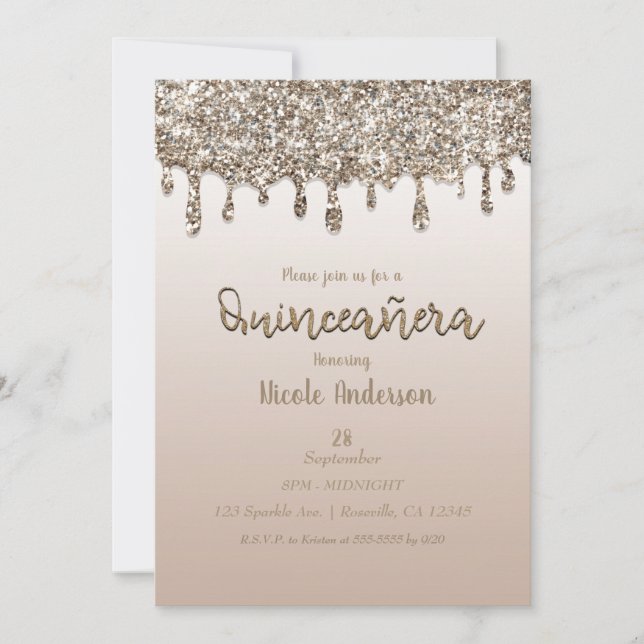 Champagne Gold Glitter Drip Glam Quinceañera 15 Invitation (Front)