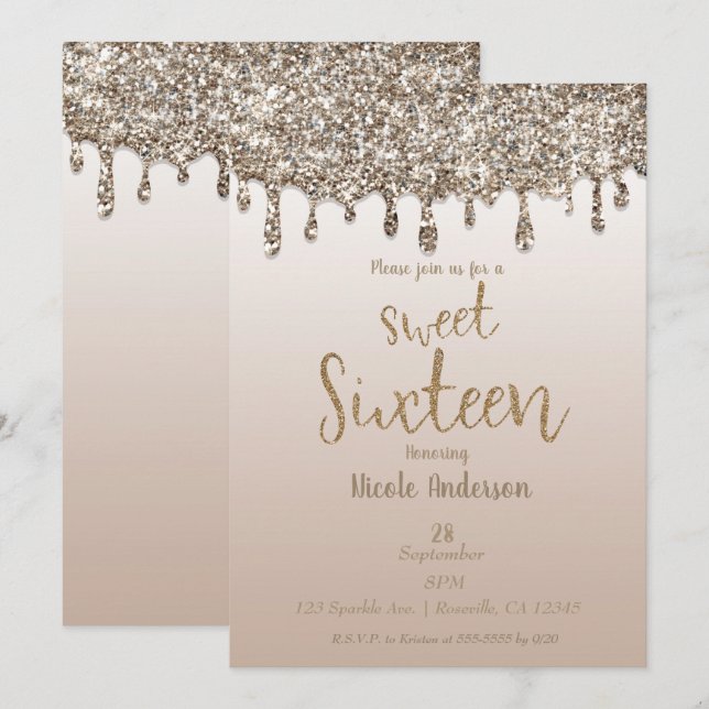 Champagne Gold Glitter Drip Glam Sweet 16 Sixteen Invitation (Front/Back)