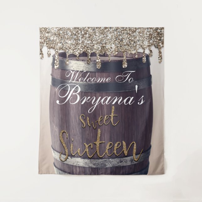Champagne Gold Glitter Drip Rustic Glam Sweet 16 Tapestry (Front)