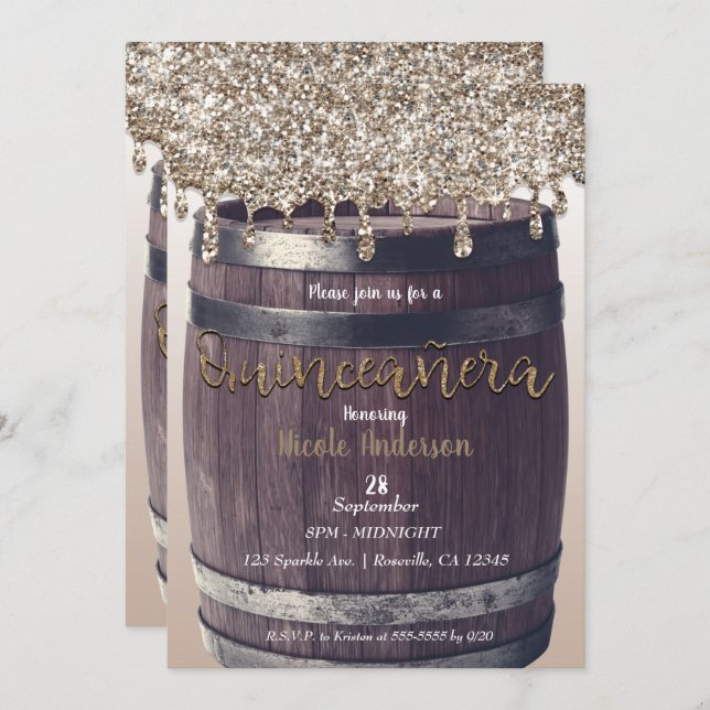 Champagne Gold Glitter Drip Rustic Quinceañera 15 Invitation (Front/Back)
