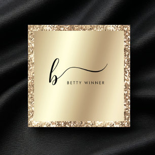 Champagne Gold Glitter Foil Script Monogram Squar Square Business Card
