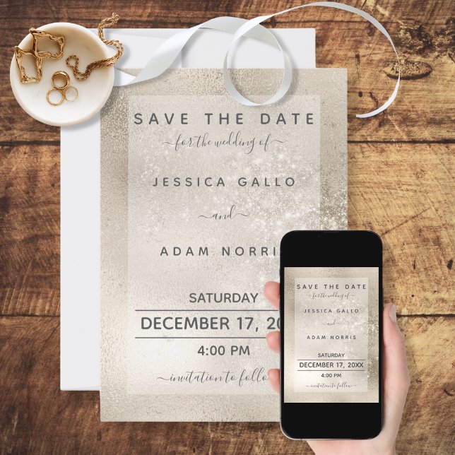Champagne Gold Glitter Modern Save the Date Card (Creator Uploaded)