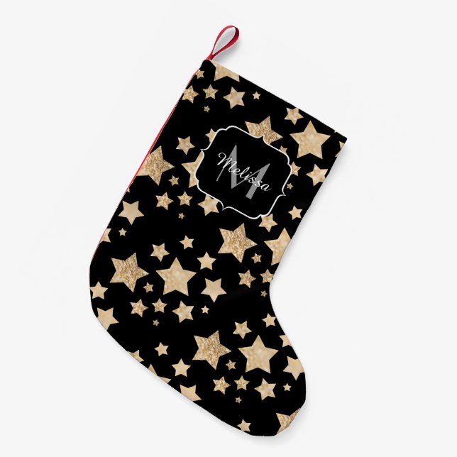 Champagne gold glitter sparkle Stars Monogram Small Christmas Stocking (Front (Hanging))