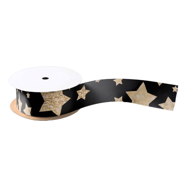 Champagne gold glitter sparkle Stars pattern black Satin Ribbon (Spool)