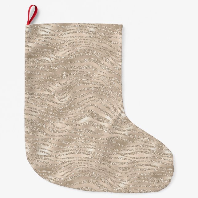 Champagne Gold Glitzy Glitter Zebra Print Large Christmas Stocking (Front)
