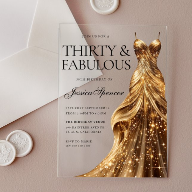 Champagne Gold Gown Fabulous 30th Birthday Acrylic Invitations (Creator Uploaded)