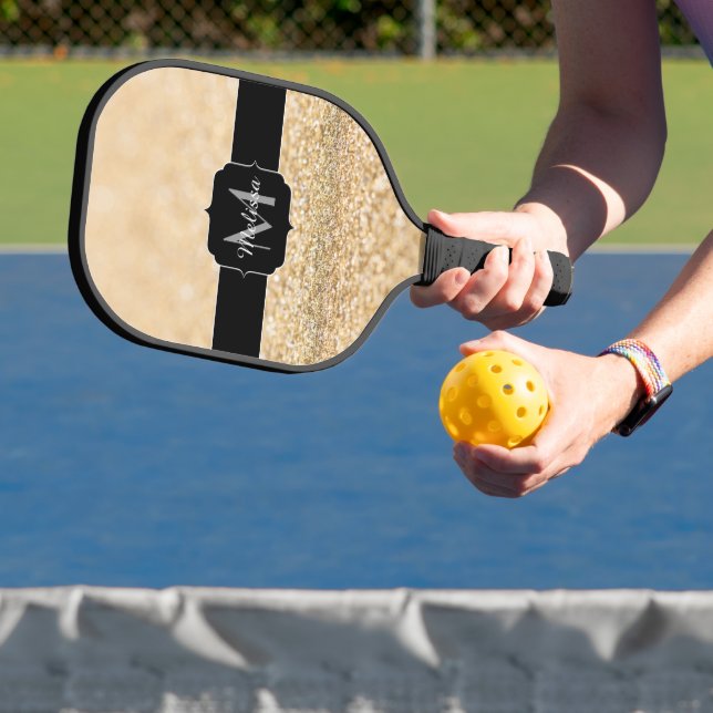 Champagne gold light faux glitter sparkle Monogram Pickleball Paddle (Insitu)