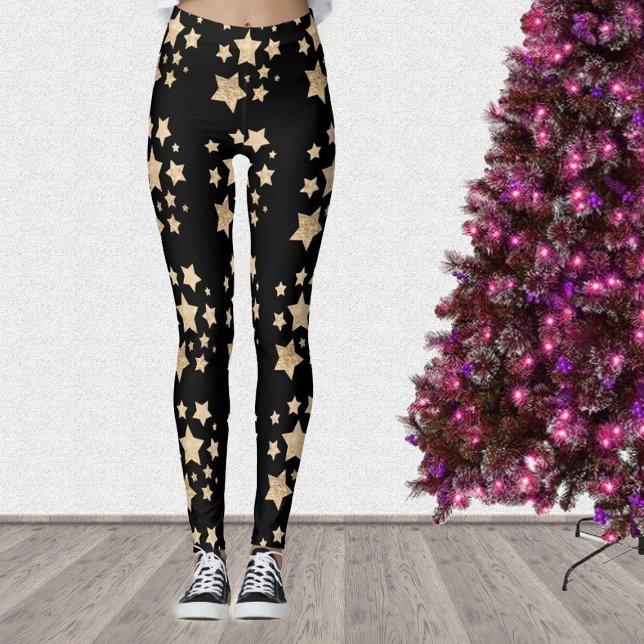 Champagne gold light faux glitter sparkles Stars Leggings (Christmas Leggings with Champagne gold light faux glitter sparkles Stars pattern.)