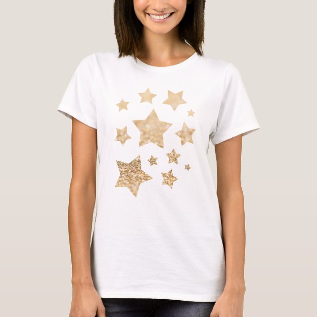Champagne gold light faux glitter sparkles Stars T-Shirt (Front)