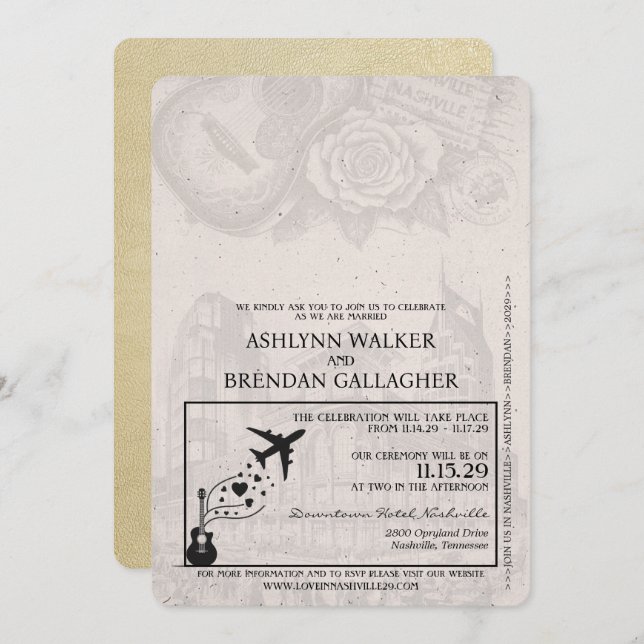 Champagne Gold Nashville Passport Wedding Invitation (Front/Back)