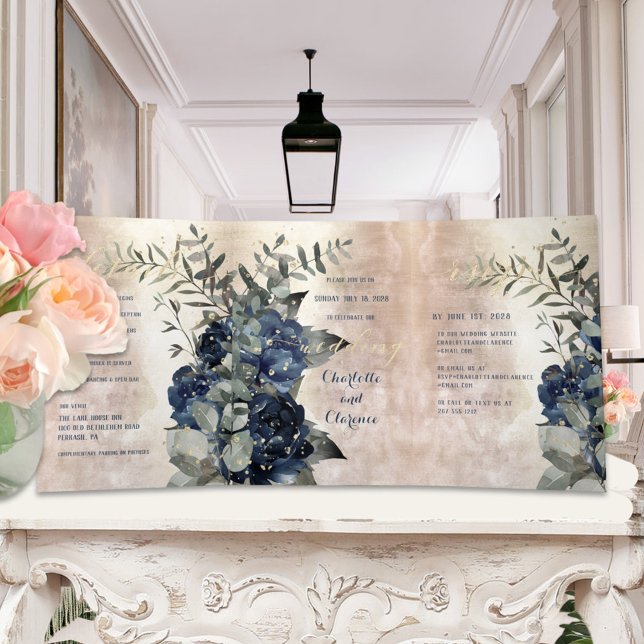 Champagne Gold Navy Blue Peony Eucalyptus Wedding Tri-Fold Invitation (Creator Uploaded)