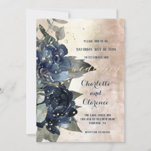 Champagne Gold Navy Peony Eucalyptus Wedding Invitation