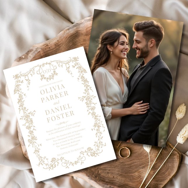 Champagne Gold Photo Floral Victorian Wedding  Invitation (Creator Uploaded)