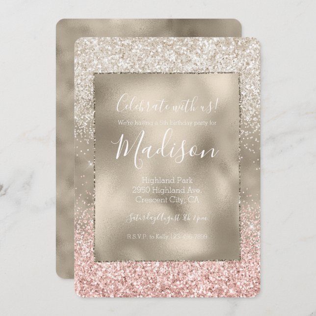Champagne Gold Pink White Glitzy Glitter Invitation (Front/Back)