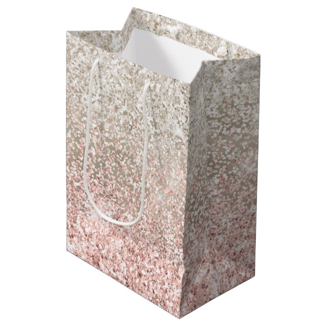 Champagne Gold Pink White Glitzy Glitter Medium Gift Bag (Front Angled)