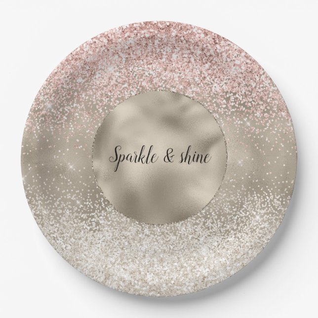 Champagne Gold Pink White Glitzy Glitter Paper Plate (Front)