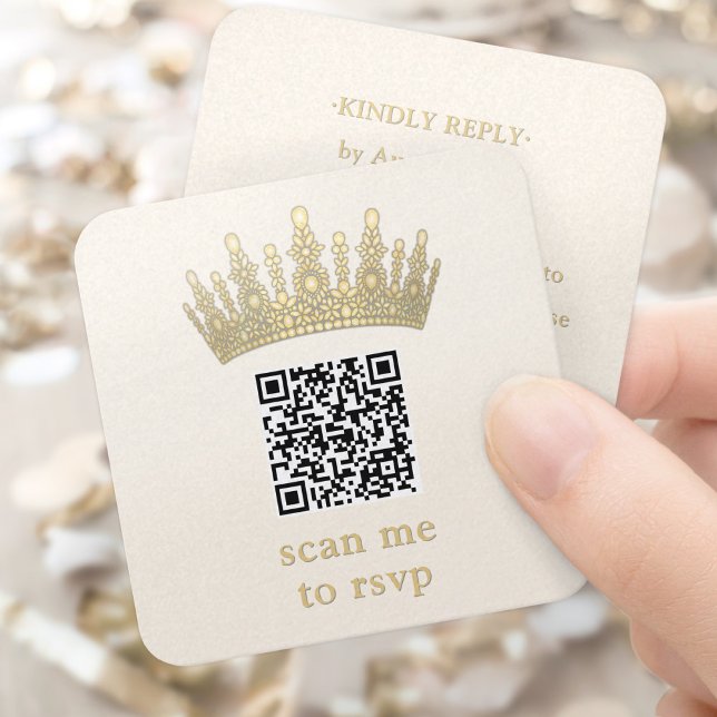 Champagne & Gold Quinceañera Crown Scan Me QR RSVP Enclosure Card (Creator Uploaded)