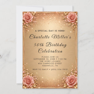 Champagne Gold Rose 50th Birthday Invitation