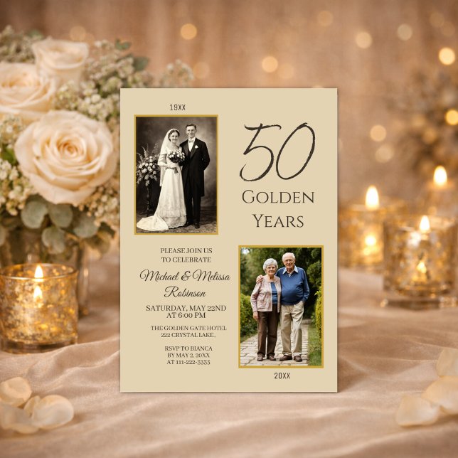 Champagne Gold Then and Now 50th Anniversary Invitation (Then and now 50th anniversary invitation with romantic candlelight celebration theme)