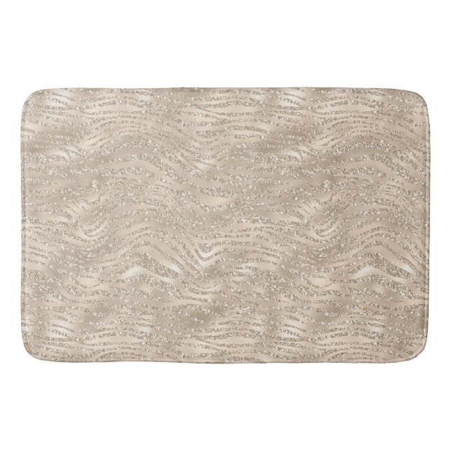 Champagne Gold White Glitzy Glitter Zebra Print Bath Mat (Front)