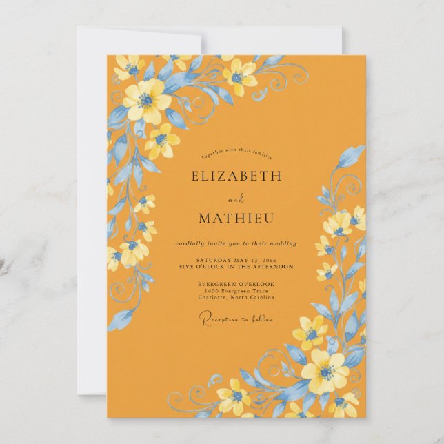 Champagne Golden Azure Wildflower Wedding Invitation (Front)