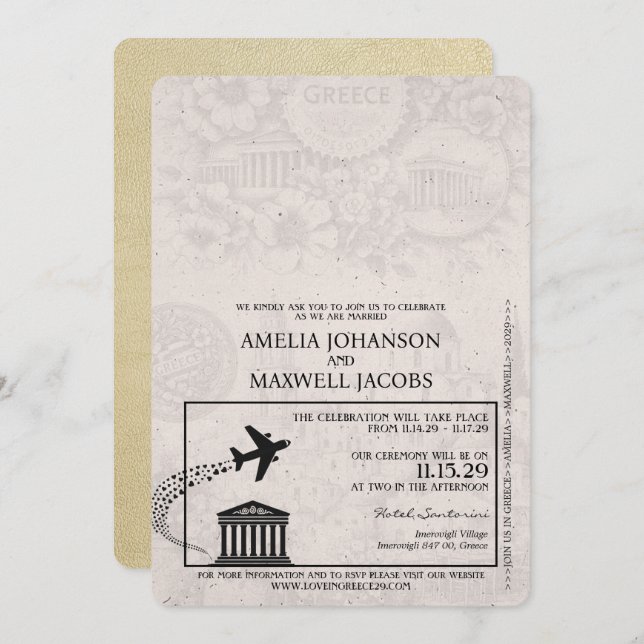 Champagne Greece Passport Wedding Invitation (Front/Back)