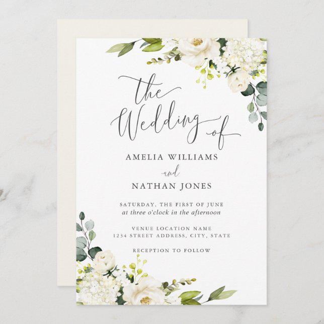 Champagne Green Watercolor Leaf Wedding Invitation (Front/Back)