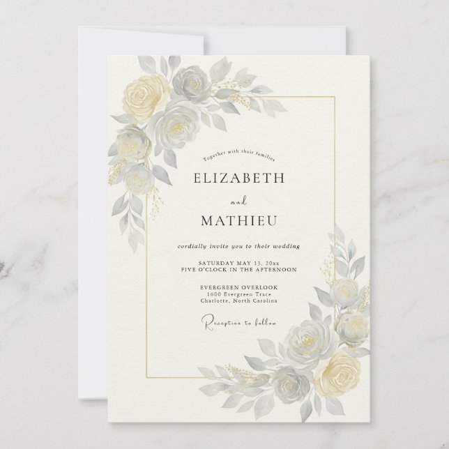 Champagne Grey Ranunculus Eucalyptus Wedding Invitation (Front)