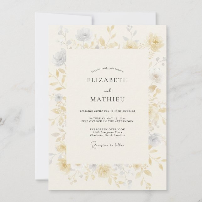 Champagne Grey Wildflower Wedding Invitation (Front)