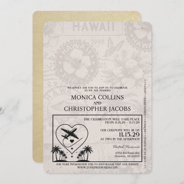 Champagne Hawaii Passport Wedding Invitation (Front/Back)