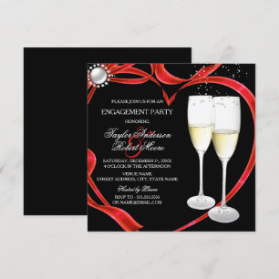 Champagne & Heart Engagement Black Silver red Invitation