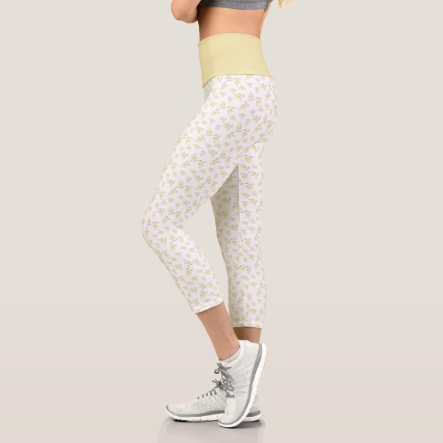 Champagne Heart Shaped Leaf Pattern Over White Capri Leggings (Left)