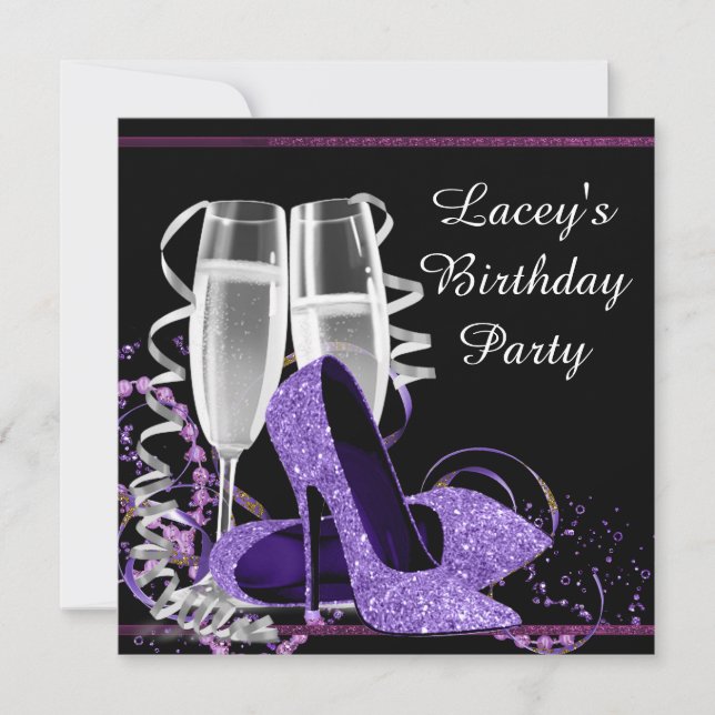 Champagne High Heel Womans Purple Birthday Party Invitation (Front)