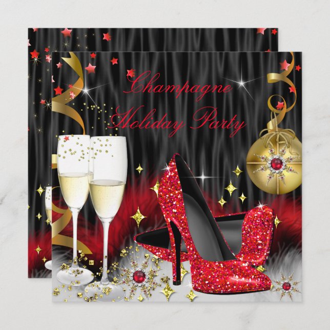 Champagne Holiday Party Red High Heels Invitation (Front/Back)