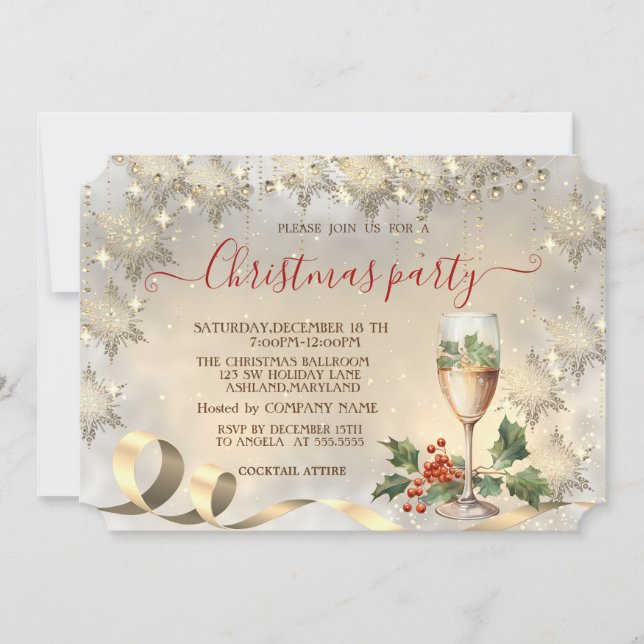 Champagne Holly Berry Gold Snowflakes Company Invitation (Front)