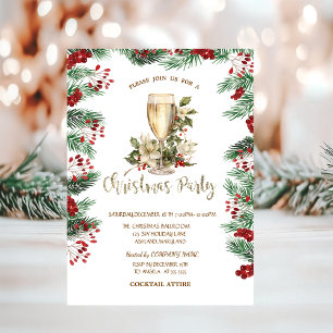 Champagne Holly Berry  Poinsettia Christmas  Invitation